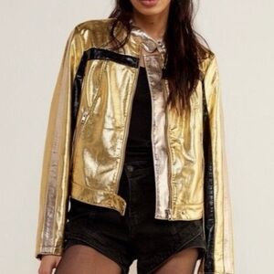 NEW Small Free People x Revolve We The Free Fast Lane Metallic Leather Jacket